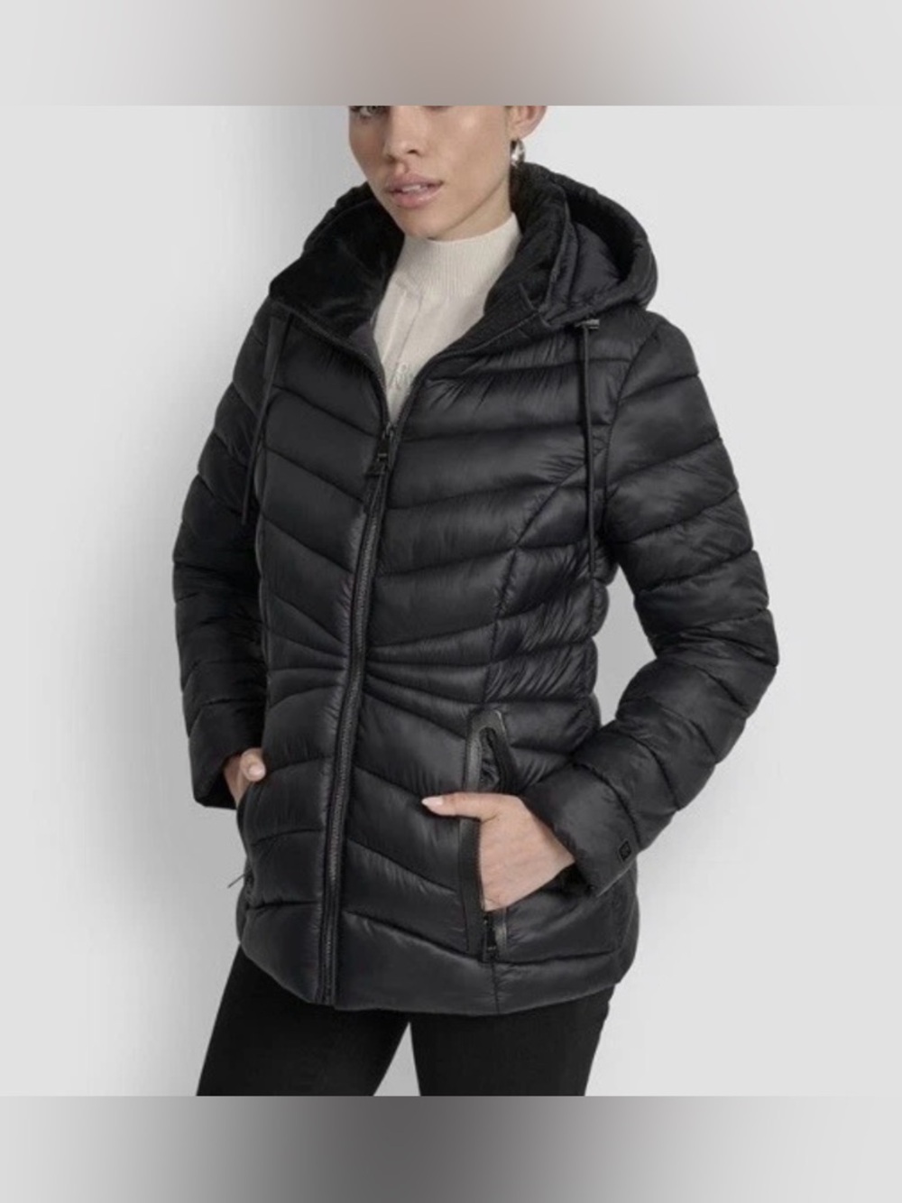 DKNY Hooded Puffer Jacket Women’s M Black Mid-Length Warm Quilted Full Zip NWT